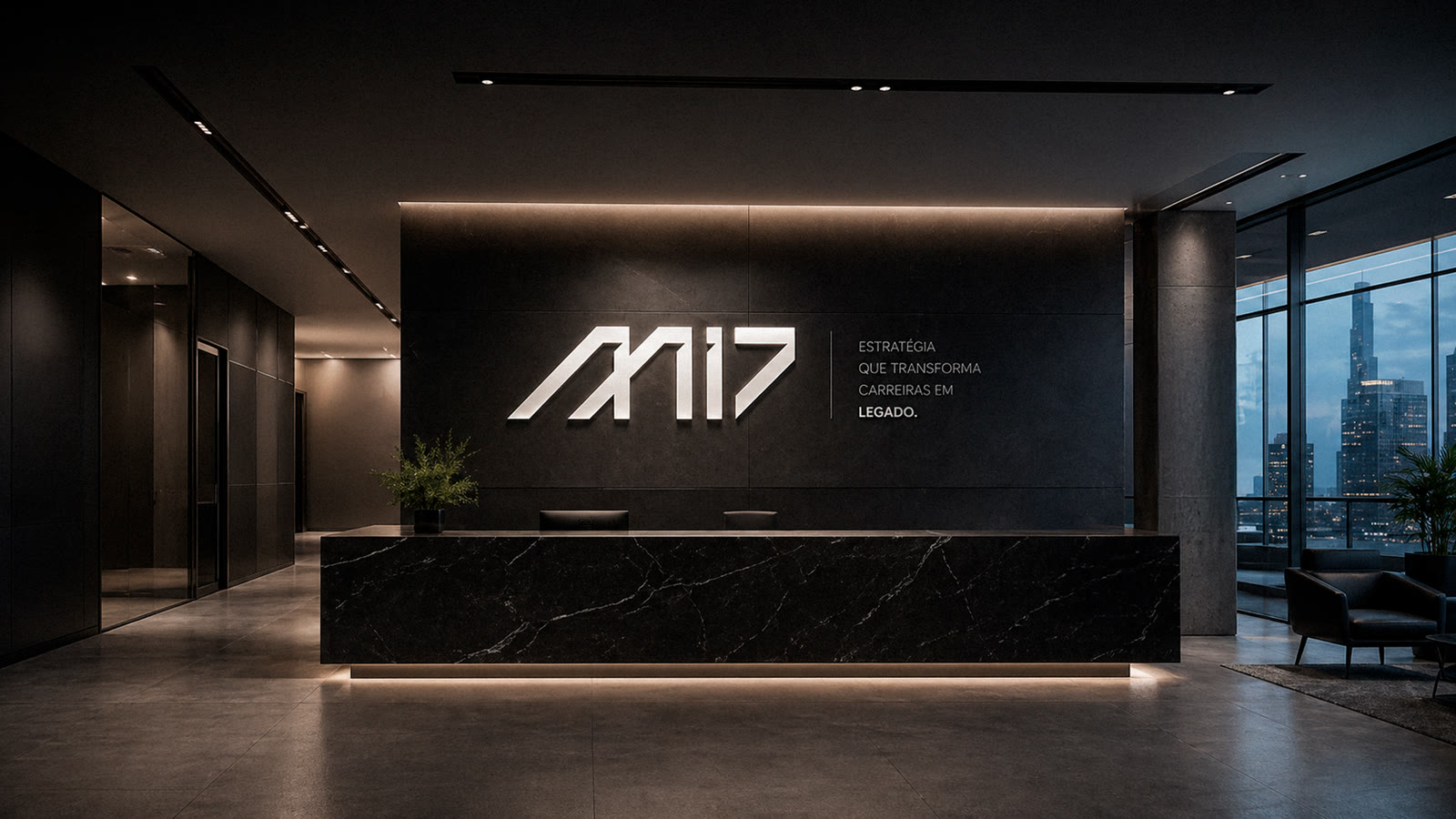 Recepção corporativa com a marca MI7 Group aplicada na parede